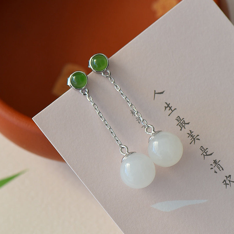 Gold Art Certified Hetian Jade Drop Earrings in 925 Silver – 10mm Beads for Everyday, Events & Gifting