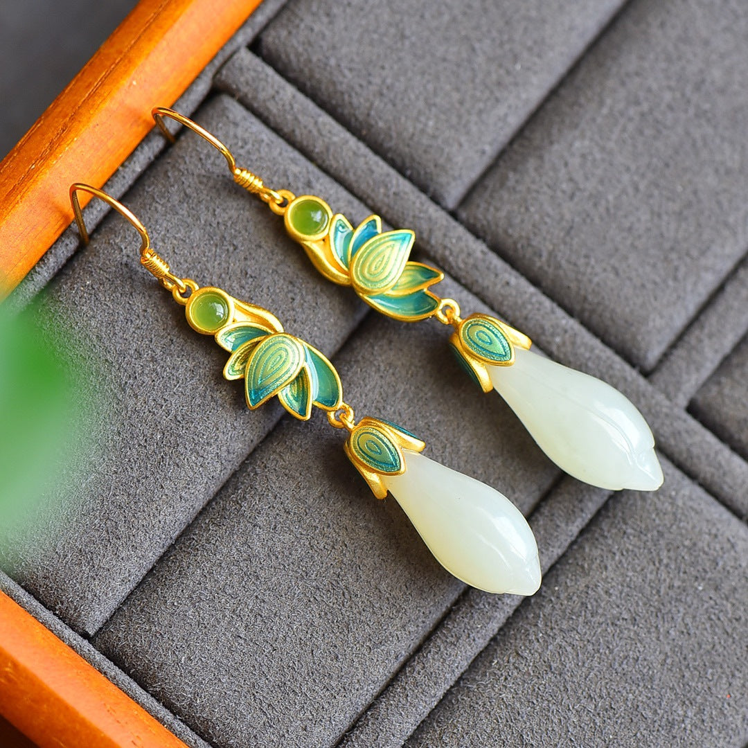 Gold Art  Blue Enamel Floral Sterling Silver Nephrite Jade Earrings – Perfect for Everyday Wear, Celebrations and Gifts