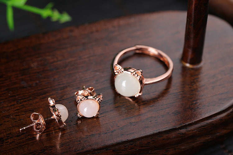 Gold Art  With appraisal certificate | 925 sterling silver with rose gold plated Hetian jade ring  Cute cat shape design | Natural jade + sweet and cute style, captures the hearts of girls!