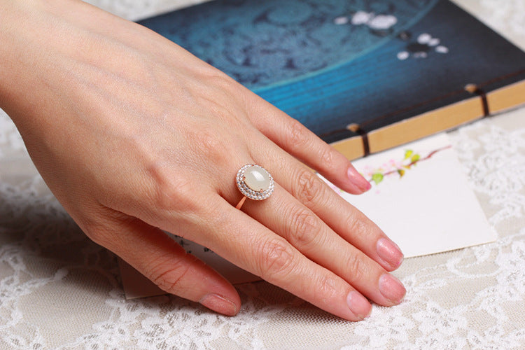Gold Art With identification certificate｜925 sterling silver plated with rose gold and Hetian jade ring Double-layer diamond-studded oval egg-shaped design Natural jade light luxury texture Elegant and high-end
