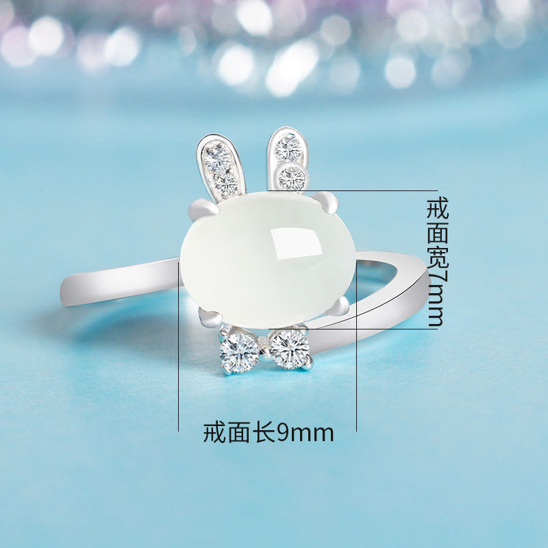 Gold Art With appraisal certificate｜925 sterling silver inlaid with Hetian jade cute rabbit ring  Diamond ear claw design is full of sense｜Daily / Dating / Natural jade + sweet and cute style, girly heart sniper!
