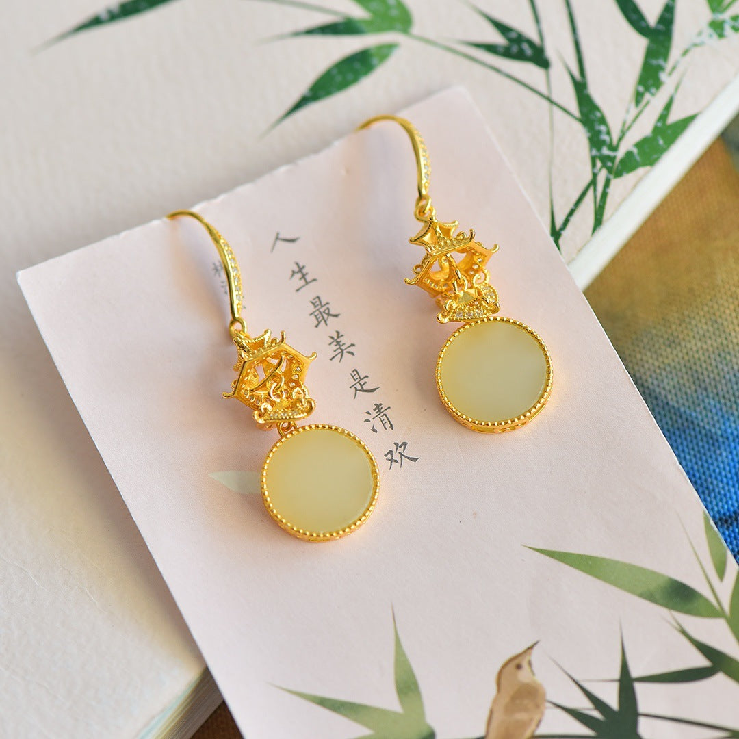 Gold Art Gold Plated Pagoda Pattern Hetian Jade Earrings - Certified for Daily Wear and Gift Giving
