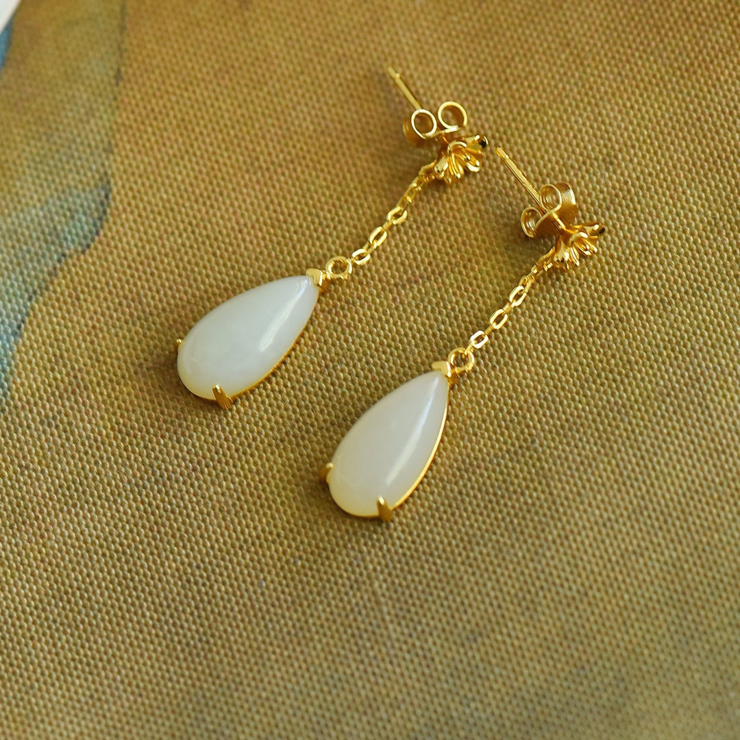 Gold Art Certified Natural Hetian Jade Earrings - Gold Plated Flower and Teardrop Design, Perfect for Everyday Wear, Gift Giving and Special Occasions