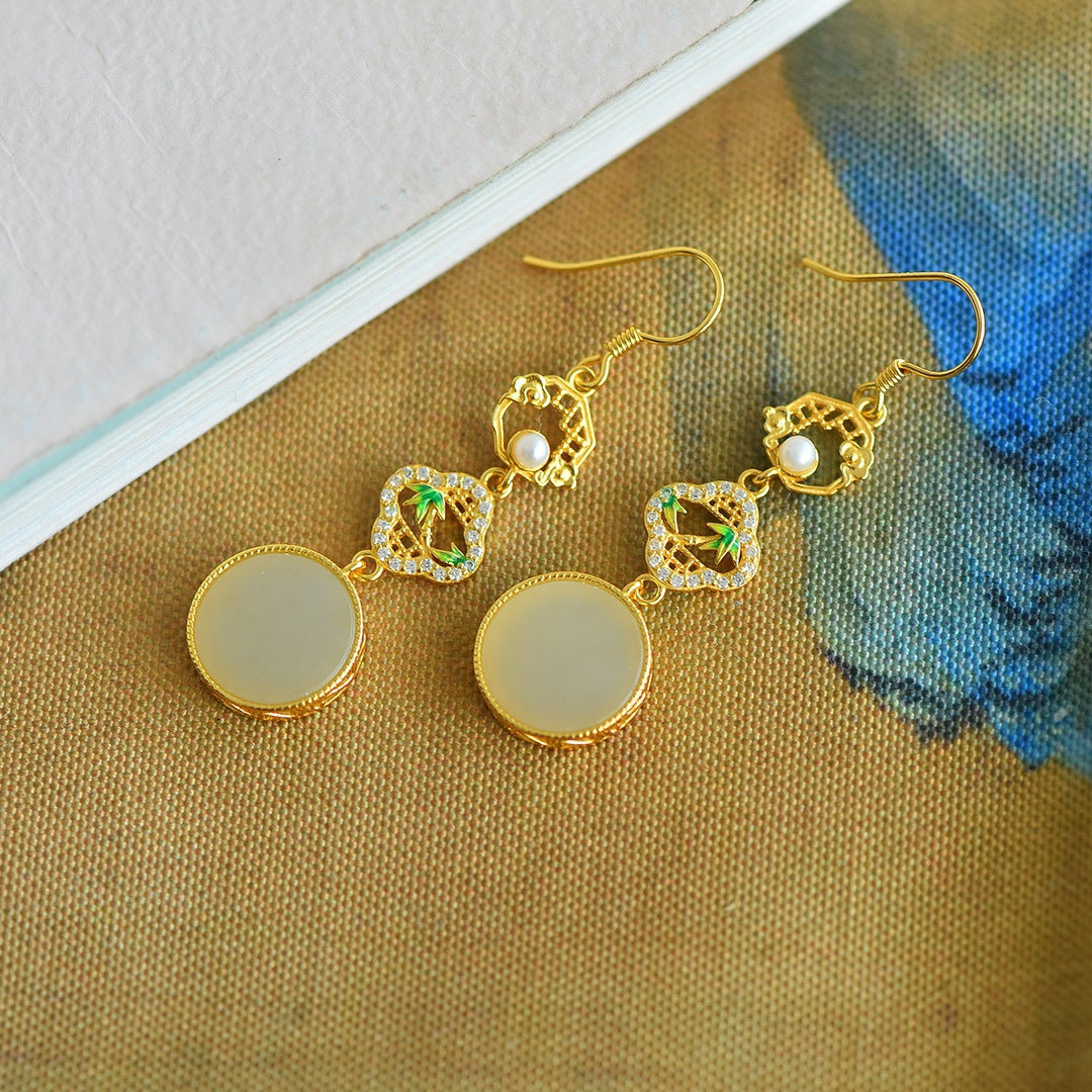 Gold Art Certified Hetian Jade Earrings with Gold Plated Pearl, Bamboo and Traditional Chinese Check Pattern Design | Perfect for Daily Wear and Gifting