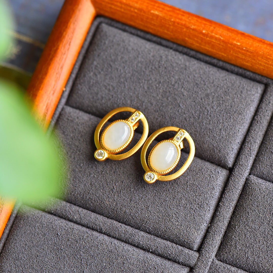 Gold Art Certified Hetian Jade Stud Earrings in Gold Plating - Diamond - Accented, Suitable for Daily Style and Meaningful Gifts