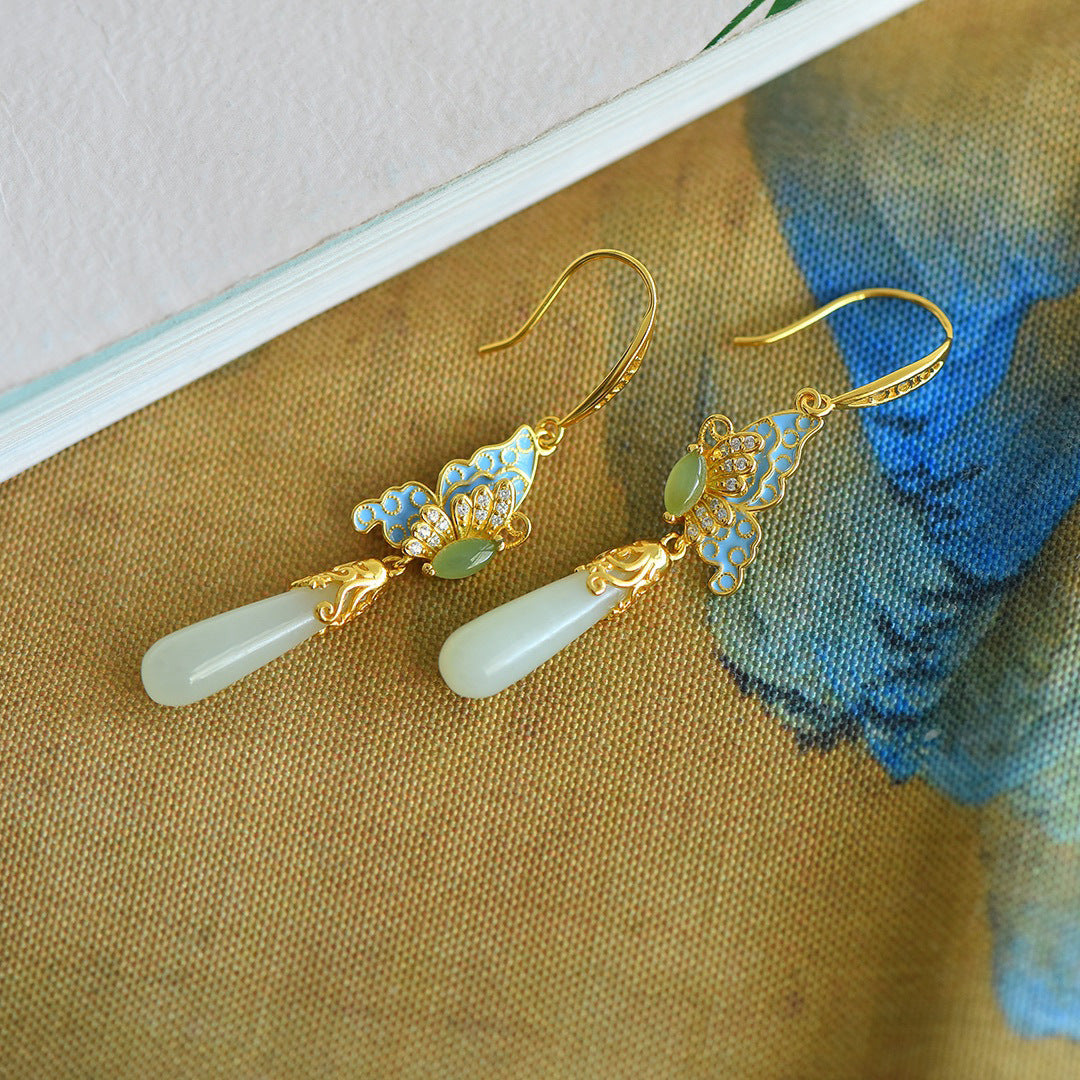 Gold Art Hetian Jade Gold Plated Butterfly Earrings - Enamel, Cubic Zirconia and Drop-Shaped Jade, Perfect for Everyday Wear, Celebrations and Gifts