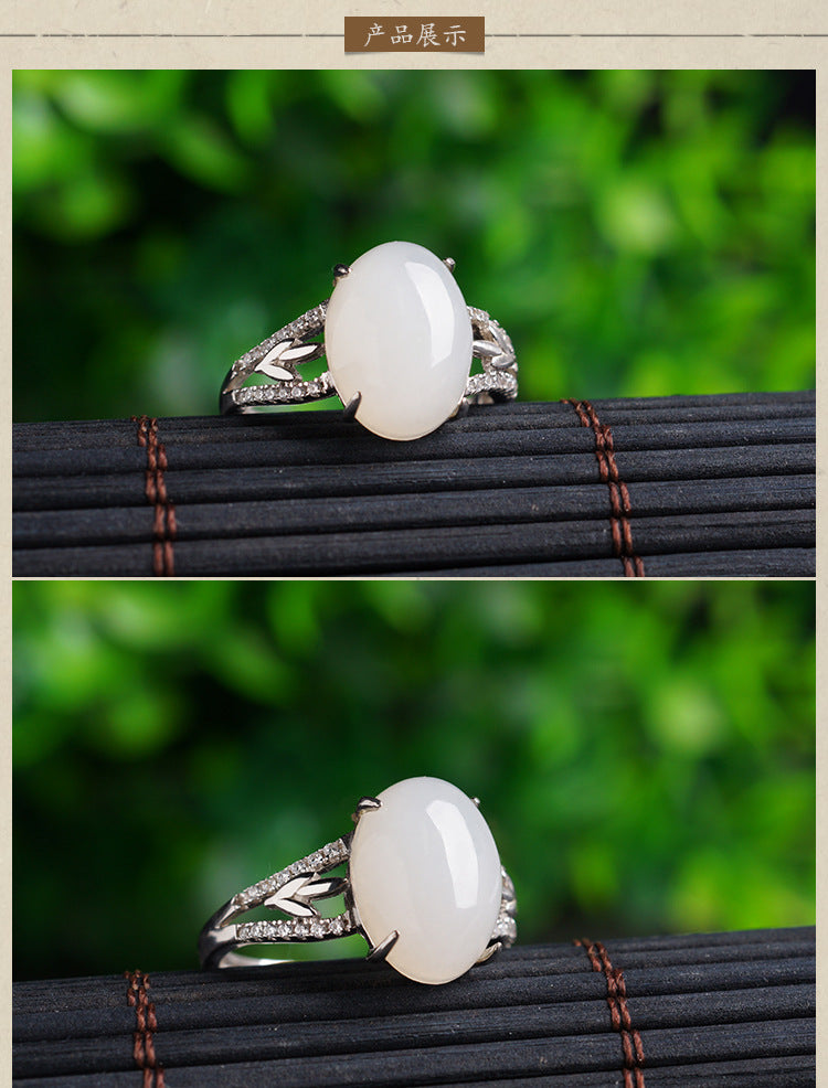 Gold Art With certificate of authenticity | 925 sterling silver and Hetian jade ring  0Arrow-shaped diamond-set large egg-shaped design | Suitable for daily use / banquets / gifts Natural jade + light luxury texture Elegant and high-end