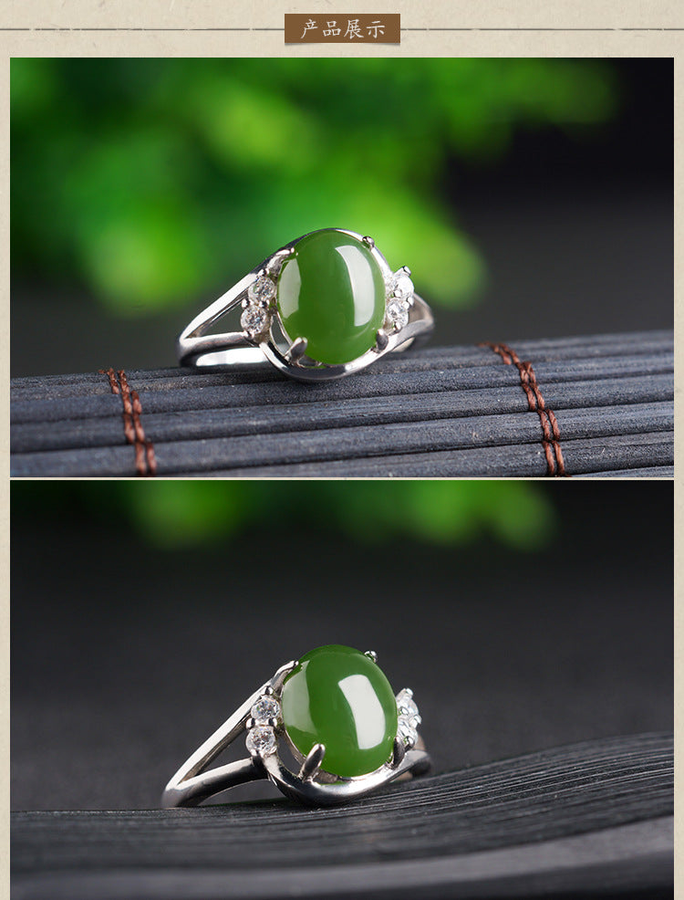 Gold Art With identification certificate｜925 sterling silver inlaid with Hetian Jasper ring Diamond decorated twist arm design full of sense｜Daily / Banquet / All-round adaptation Natural jade