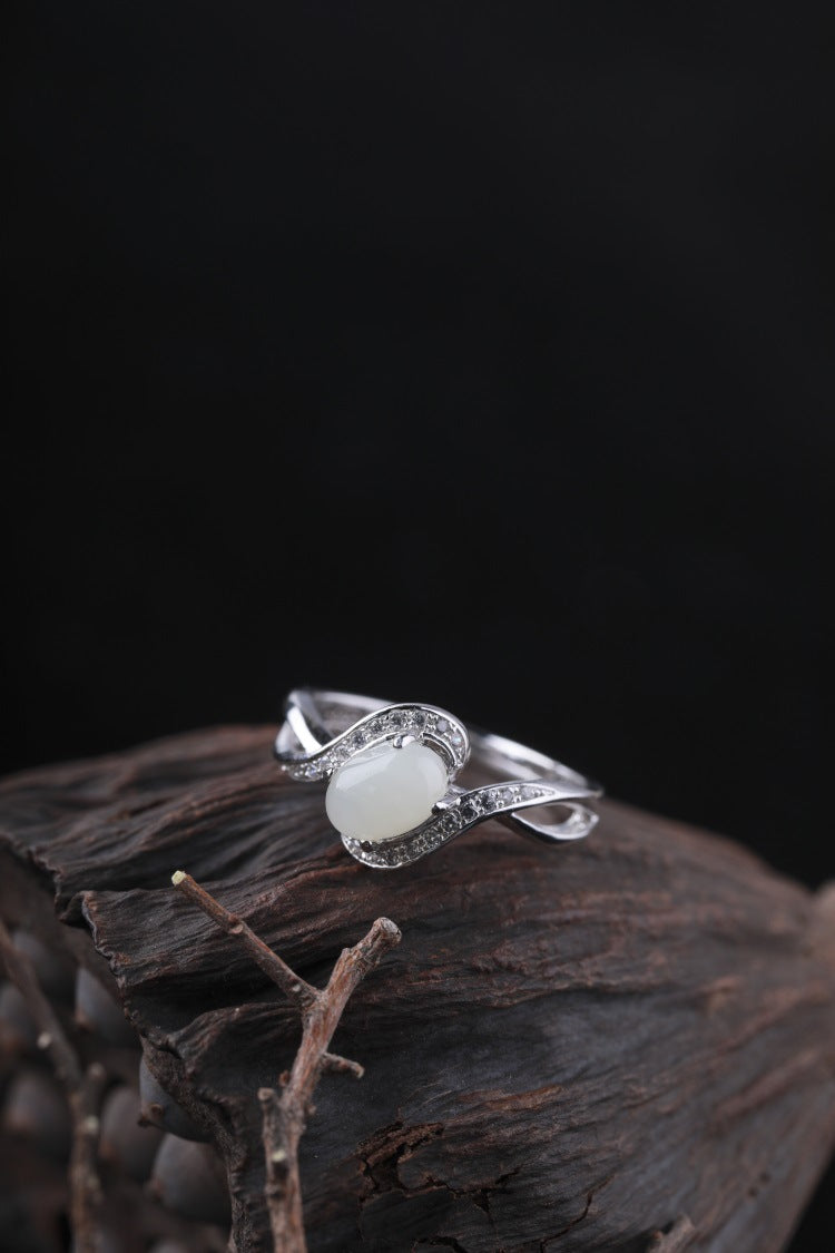 Gold Art With identification certificate | 925 sterling silver and Hetian jade open ring  Curved diamond design full of sense | Daily / gift / commuting all-round adaptation Natural jade + silver support color preservation Elegant and high-end feeling
