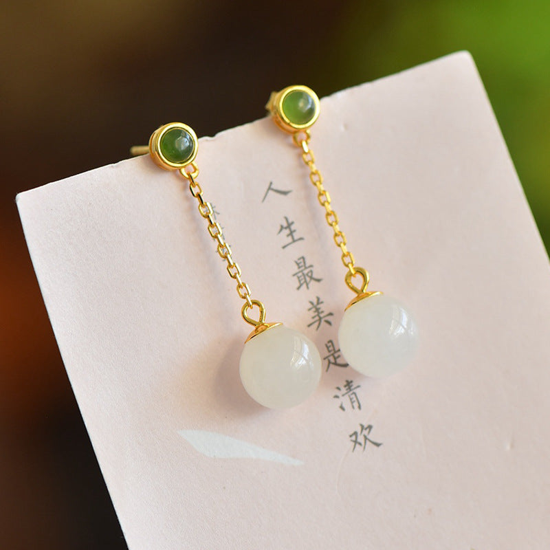 Gold Art Certified Hetian Jade Drop Earrings in 925 Silver – 10mm Beads for Everyday, Events & Gifting