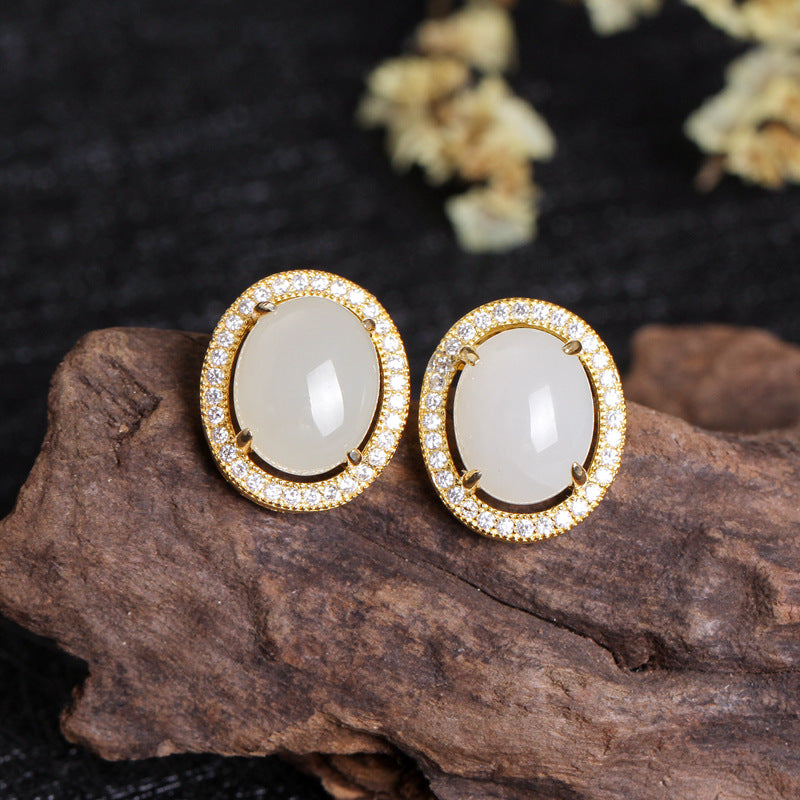 Gold Art Certified Hetian Jade Stud Earrings - Gold - Plated with Diamond - Encrusted Halo, Elegant Design for Daily & Special Occasions