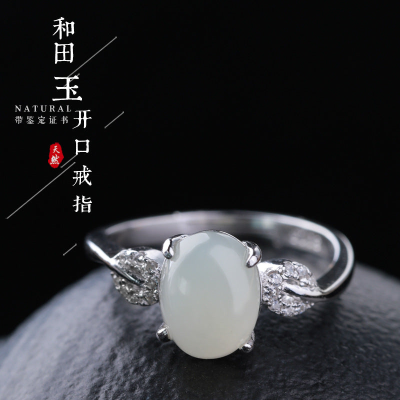 Gold Art With identification certificate｜925 sterling silver and Hetian jade open ring Smart diamond design｜Suitable for daily life / gift giving / commuting Natural jade + silver support to preserve color Elegant and high-end feeling