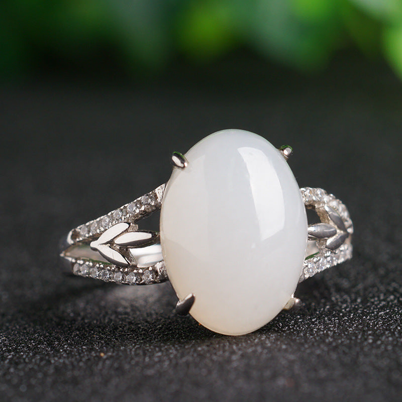 Gold Art With certificate of authenticity | 925 sterling silver and Hetian jade ring  0Arrow-shaped diamond-set large egg-shaped design | Suitable for daily use / banquets / gifts Natural jade + light luxury texture Elegant and high-end