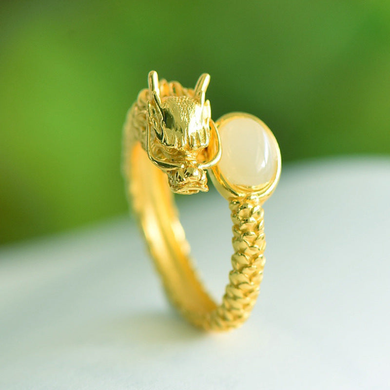 Gold Art  With identification certificate｜925 sterling silver gold-plated Hetian jade dragon ring  National trend domineering dragon head design｜Daily / gift / collection all-round adaptation Natural jade + Chinese auspicious Tibetan high-end feeling