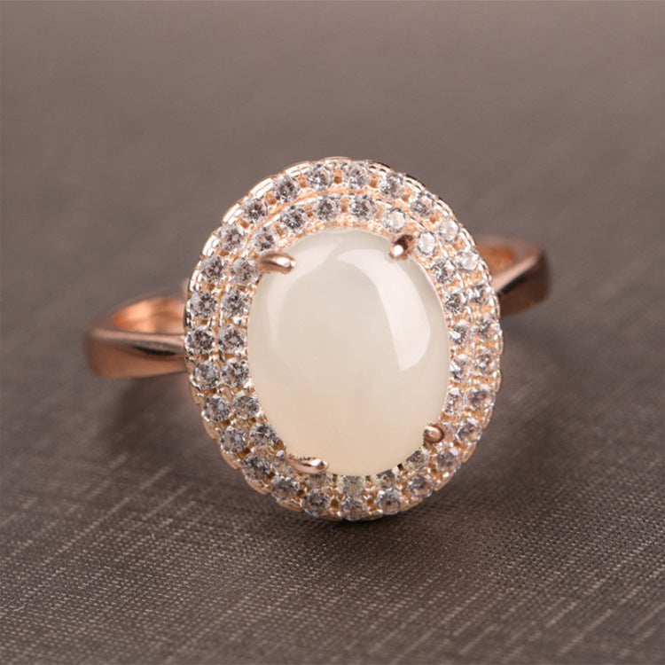 Gold Art With identification certificate｜925 sterling silver plated with rose gold and Hetian jade ring Double-layer diamond-studded oval egg-shaped design Natural jade light luxury texture Elegant and high-end