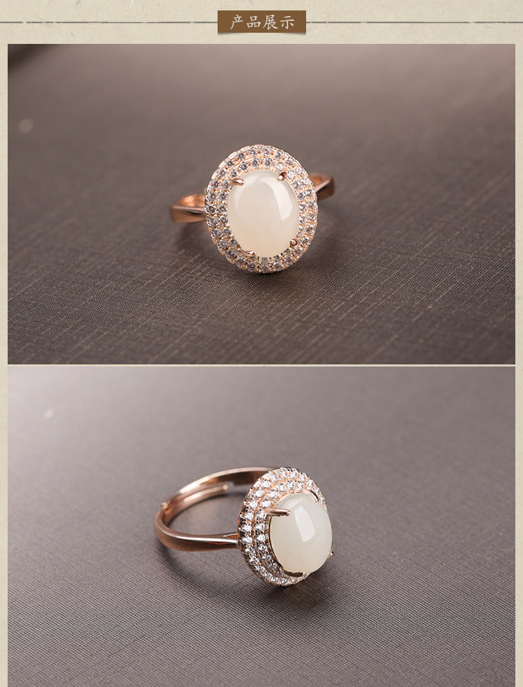 Gold Art With identification certificate｜925 sterling silver plated with rose gold and Hetian jade ring Double-layer diamond-studded oval egg-shaped design Natural jade light luxury texture Elegant and high-end