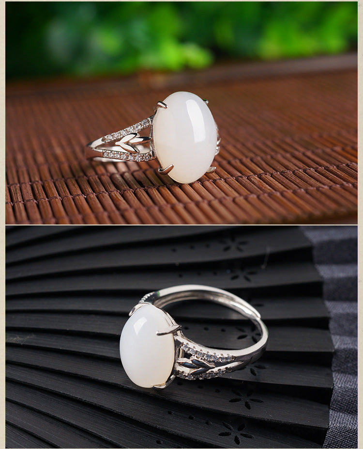 Gold Art With certificate of authenticity | 925 sterling silver and Hetian jade ring  0Arrow-shaped diamond-set large egg-shaped design | Suitable for daily use / banquets / gifts Natural jade + light luxury texture Elegant and high-end