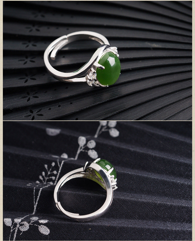 Gold Art With identification certificate｜925 sterling silver inlaid with Hetian Jasper ring Diamond decorated twist arm design full of sense｜Daily / Banquet / All-round adaptation Natural jade