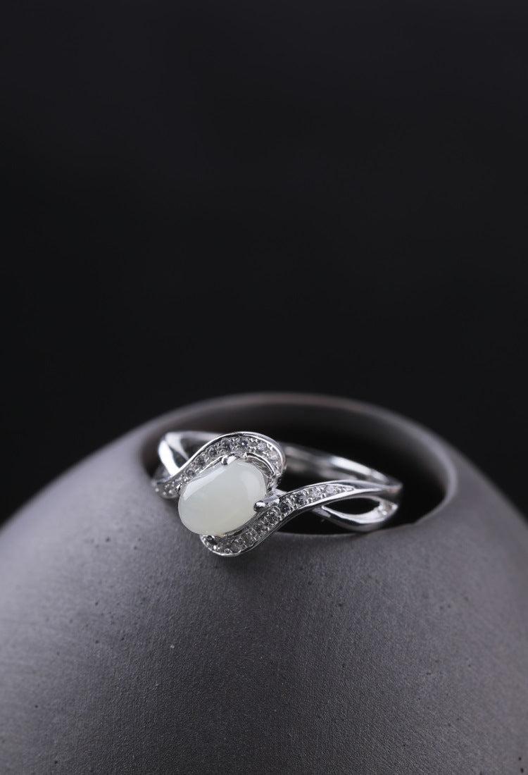 Gold Art With identification certificate | 925 sterling silver and Hetian jade open ring  Curved diamond design full of sense | Daily / gift / commuting all-round adaptation Natural jade + silver support color preservation Elegant and high-end feeling