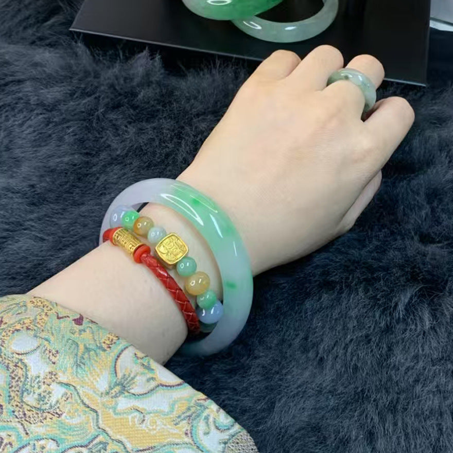 Gold Art Certificate of Authenticity Included | Burmese Jadeite Green Jade Bracelet  Ice Flower Relief Design | Perfect for everyday wear, banquets, or gifts. Natural jade for a luxurious feel.