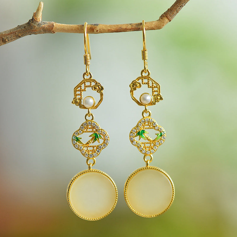 Gold Art Certified Hetian Jade Earrings with Gold Plated Pearl, Bamboo and Traditional Chinese Check Pattern Design | Perfect for Daily Wear and Gifting
