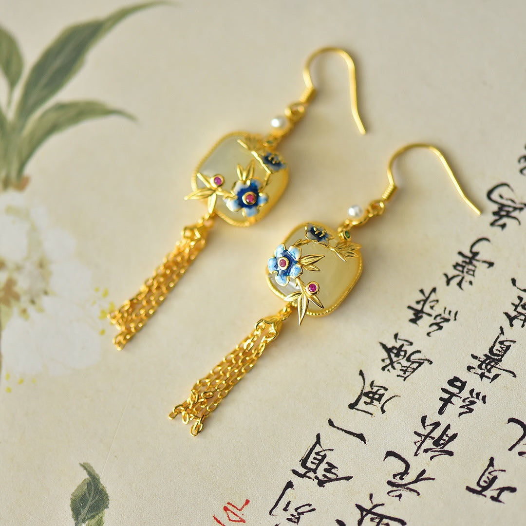 Gold Art Certified natural Hetian jade earrings - New Chinese palace style, with enamel and gold tassels, suitable for daily wear and gift giving