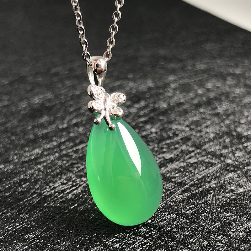 Gold Art Natural green chalcedony water drop pendant silver dragonfly diamond necklace daily wear birthday gift temperament clavicle chain