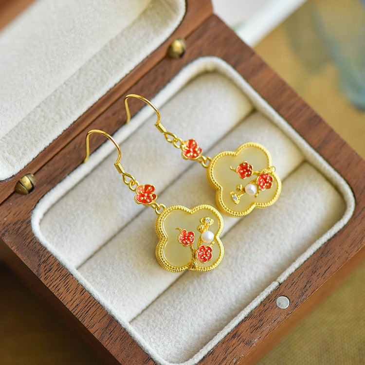 Gold Art Vintage Chinese style Hetian jade earrings - 925 silver gold plated, enamel bamboo, pearls and certified, suitable for daily and special occasions