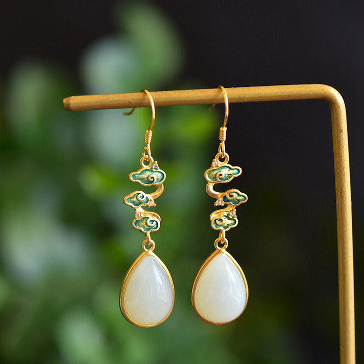 Gold Art  Enamel Auspicious Cloud Pattern Gold-plated Hetian Jade Earrings – Certified for Daily Wear and Gift Giving