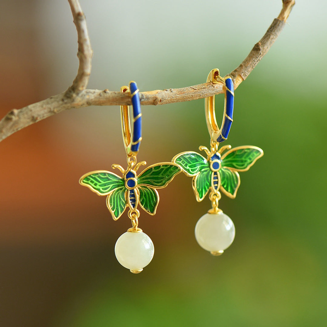 Gold Art Enamel butterfly Hetian jade earrings | with natural jade identification certificate Blue and green contrasting design Daily commuting/gift/dinner accessories