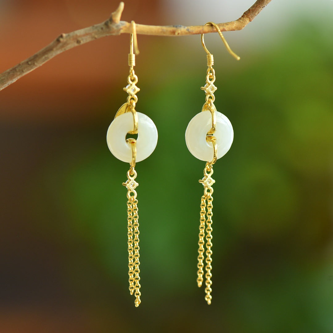 Gold Art Exquisite Gold Plated 925 Silver Hetian Jade Earrings - Bamboo, Tassel and Certified, Suitable for Daily Wear and Gift Giving