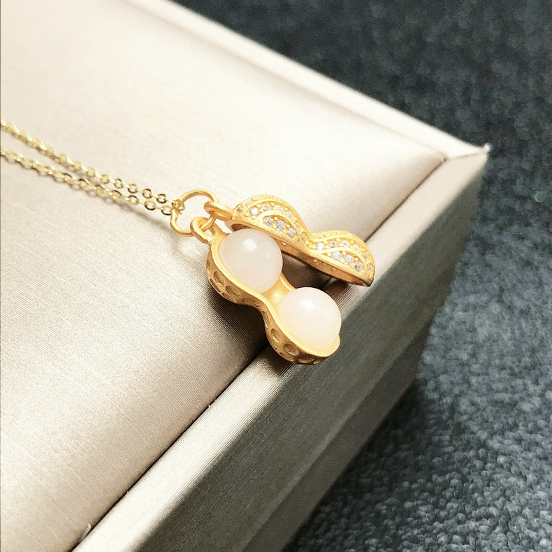 Gold Art Dainty Gold-Plated Hetian Jade Peanut Pendant – CZ-Studded for Daily Style & Gift Giving