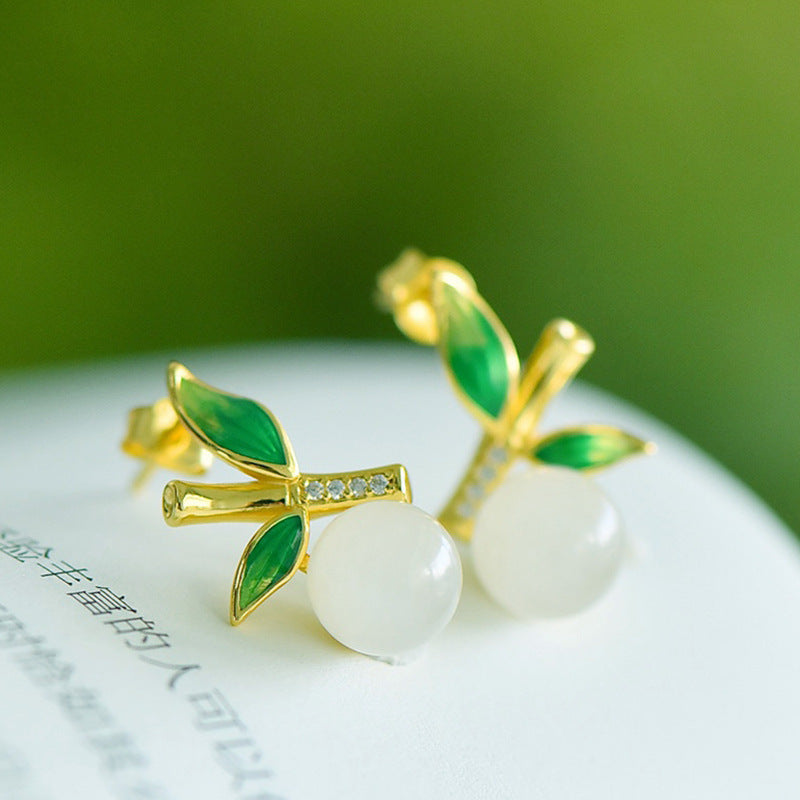 Gold Art Gold-plated Hetian jade stud earrings, certified enamel bamboo pattern + diamond details | Perfect for everyday elegant wear, cultural gifts and events