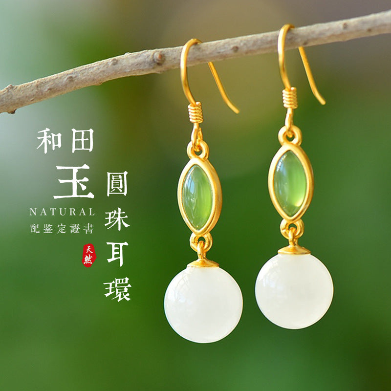 Gold Art Gold plated Nephrite earrings with green and white gemstones - Perfect for everyday wear, special occasions and gifts
