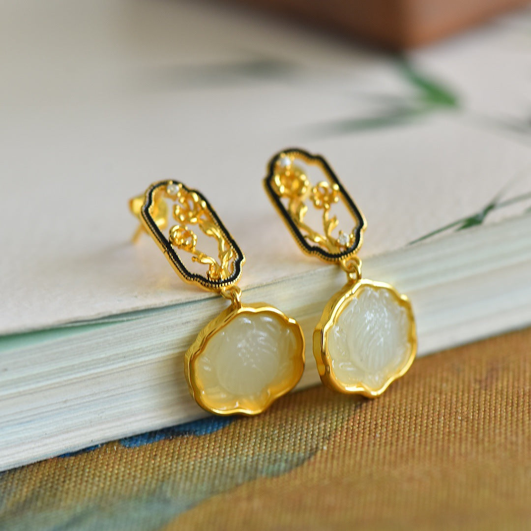 Gold Art  Certified Natural Hetian Jade Earrings - Gold Plated Carved Lotus Design, Decorated with Floral Patterns, Suitable for Daily Wear and Gift Giving