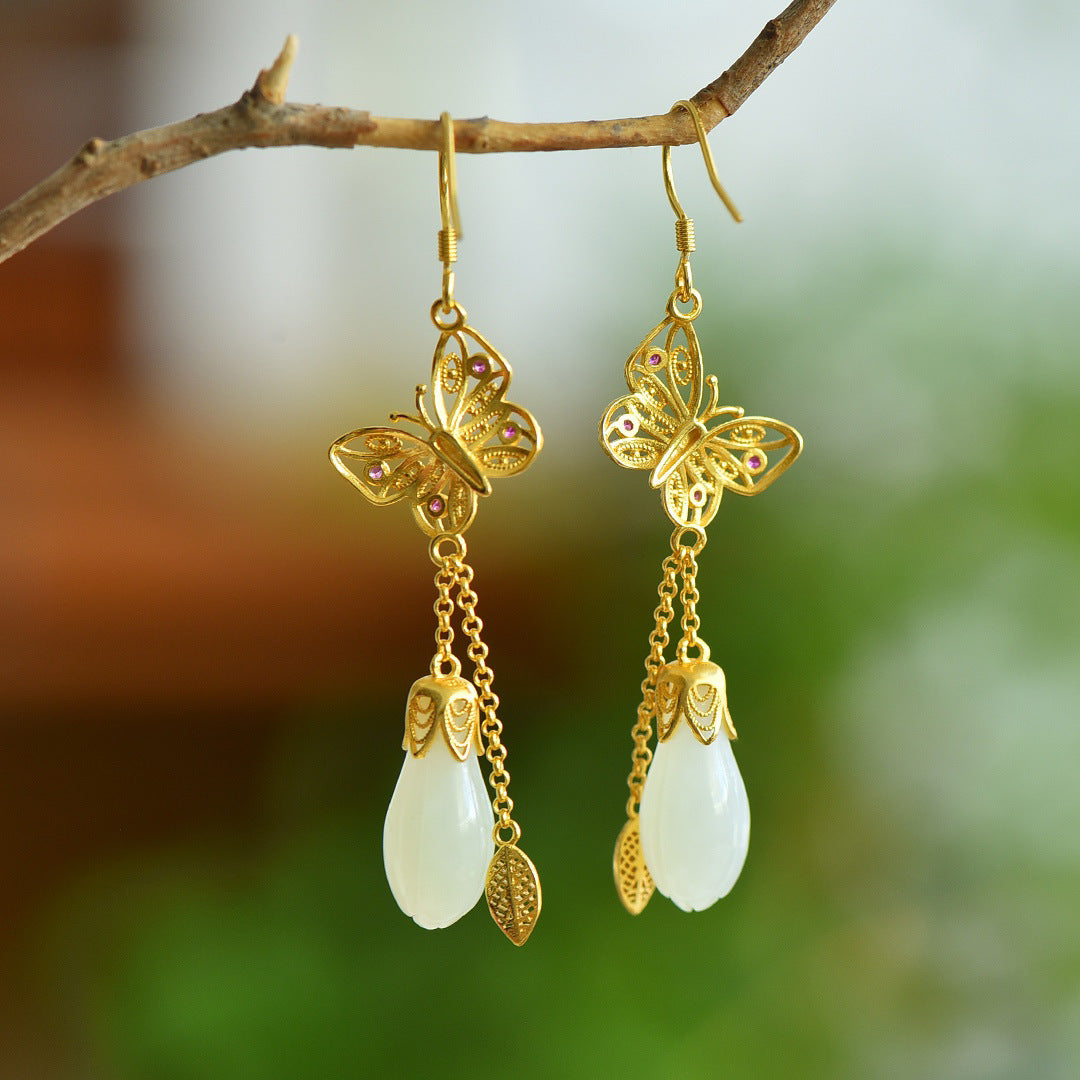 Gold Art Gold plated Nephrite jade drop earrings with butterfly and ruby details - perfect for everyday wear, events and gifts