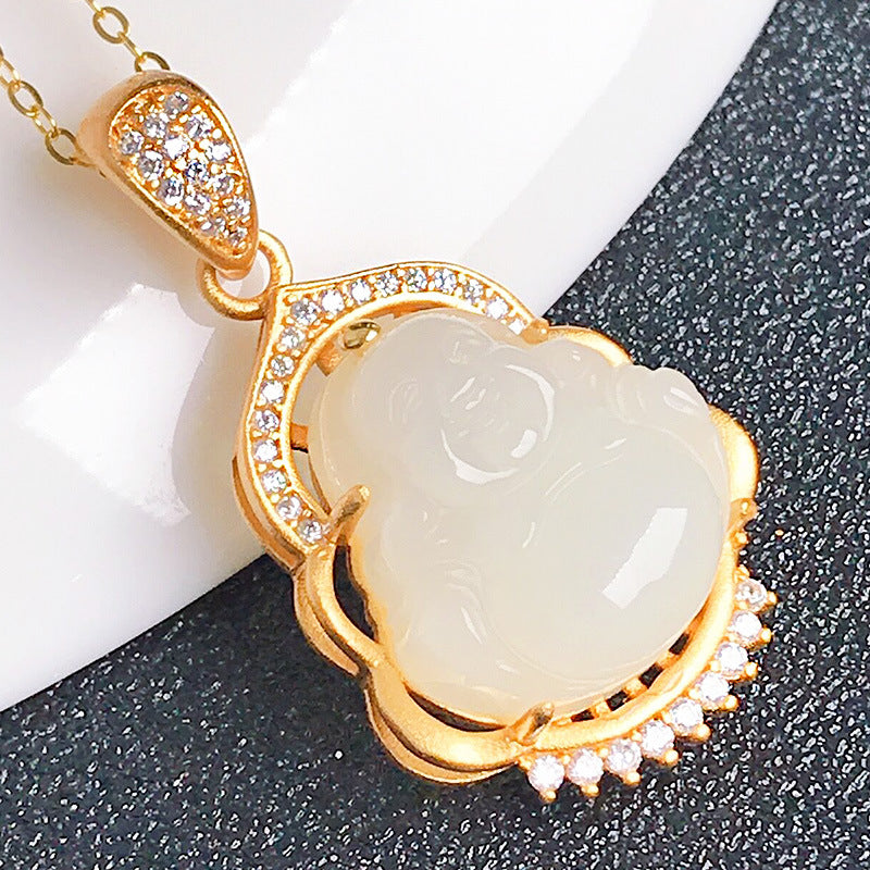 Gold Art Hetian Jade Gold Plated Laughing Buddha Necklace - Cubic Zirconia Details, Suitable for Daily Wear and Special Occasions
