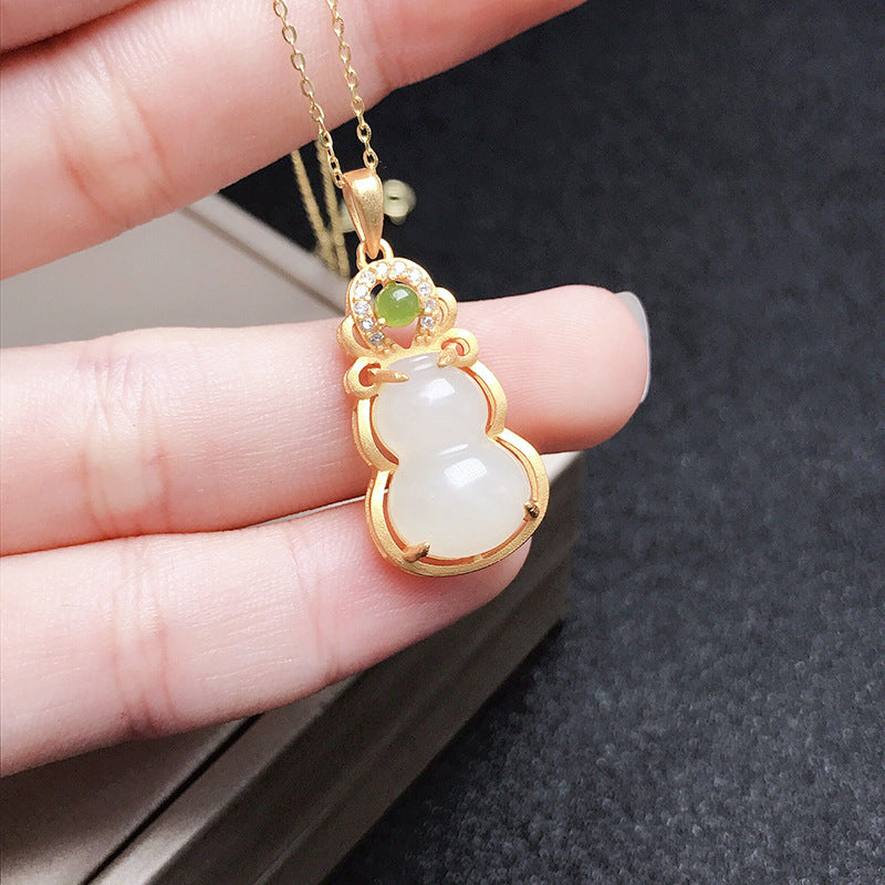 Gold Art Silver-plated Hetian jade gourd pendant, white jade Fulu design, green jade inlaid with diamonds, daily wear, gift jewelry for elders