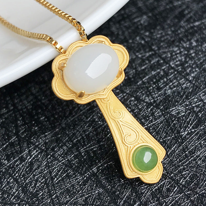 Gold Art Hetian Jade Ruyi Gold Plated Pendant Necklace - Two-tone Jade, Perfect for Everyday Wear, Celebrations and Gifts