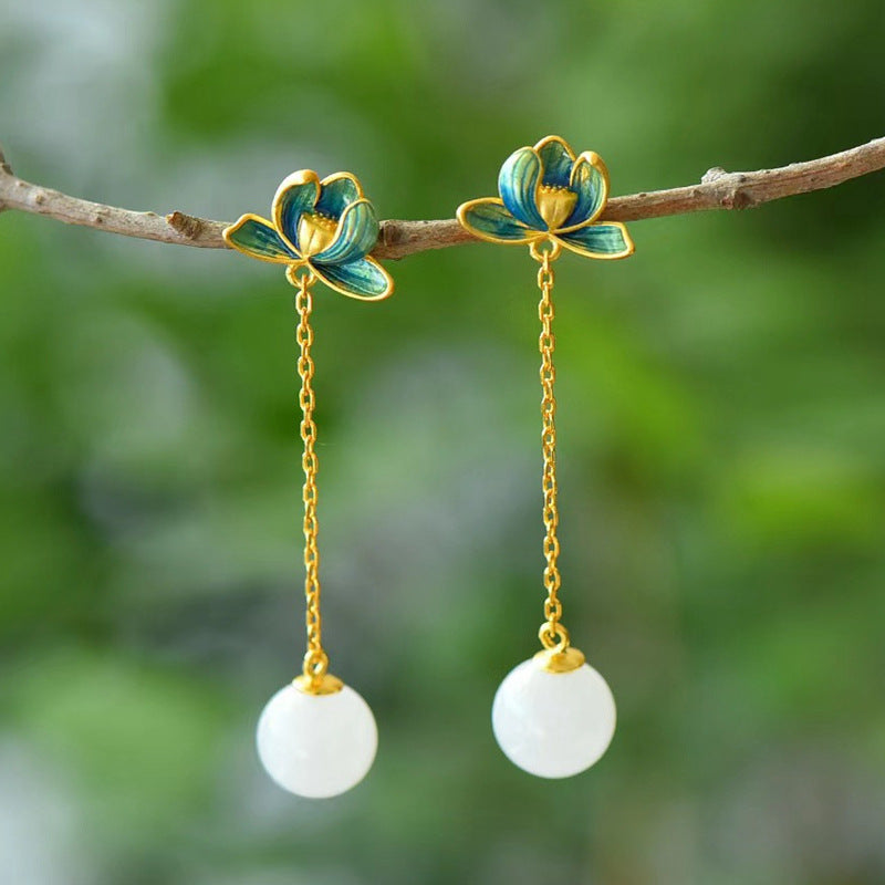 Gold Art Hetian jade earrings with enamel flowers and gold chain - suitable for daily wear and special occasions