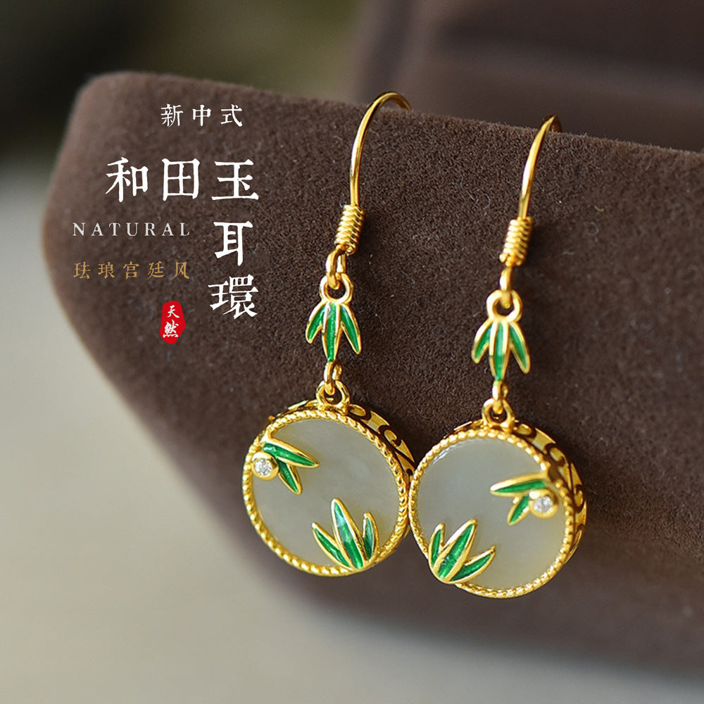 Gold Art Hetian Jade Gold-Plated Earrings with Green Enamel Bamboo – Versatile for Daily, Special Occasions & Gifting