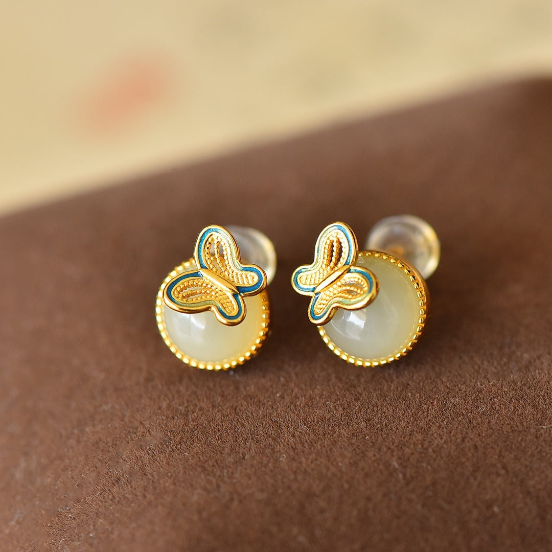 Gold Art Certified Hetian White Jade Enamel Butterfly Stud Earrings in 925 Silver Gold-Plating – Perfect for Everyday Style & Gifting