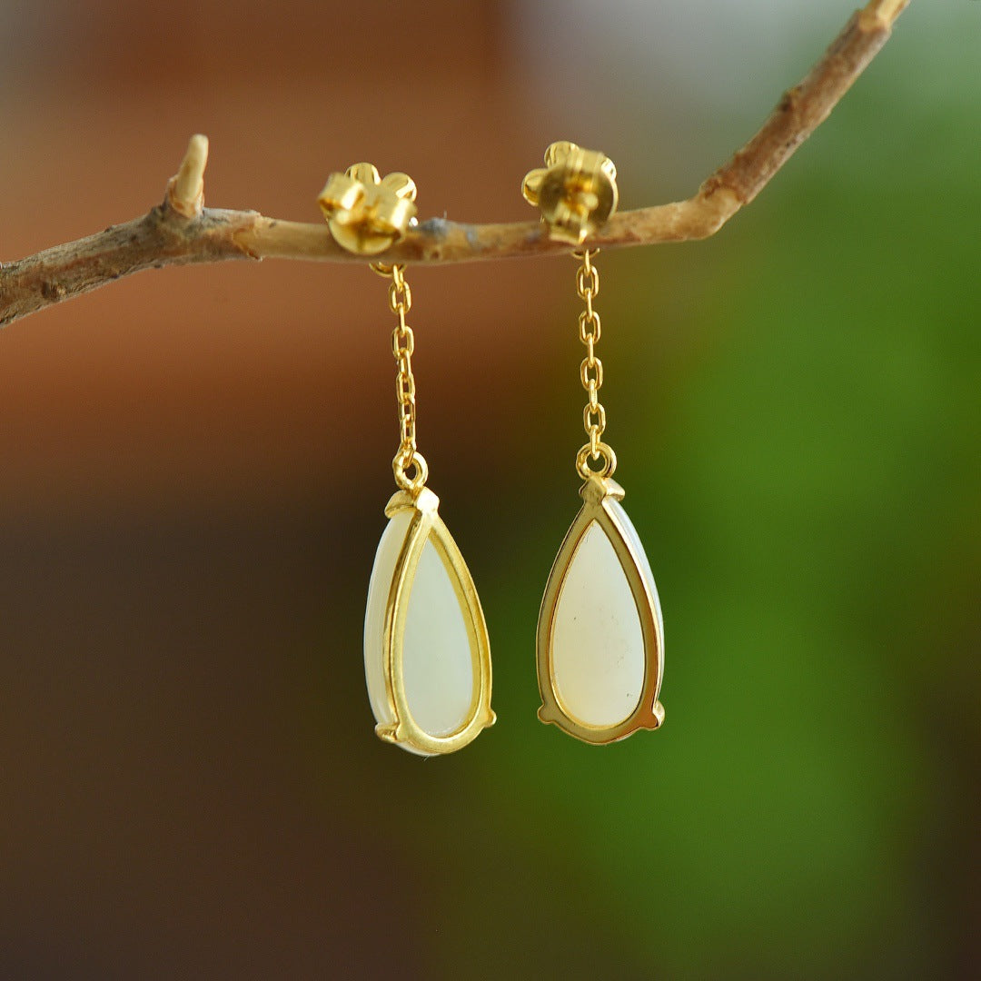 Gold Art Certified Natural Hetian Jade Earrings - Gold Plated Flower and Teardrop Design, Perfect for Everyday Wear, Gift Giving and Special Occasions