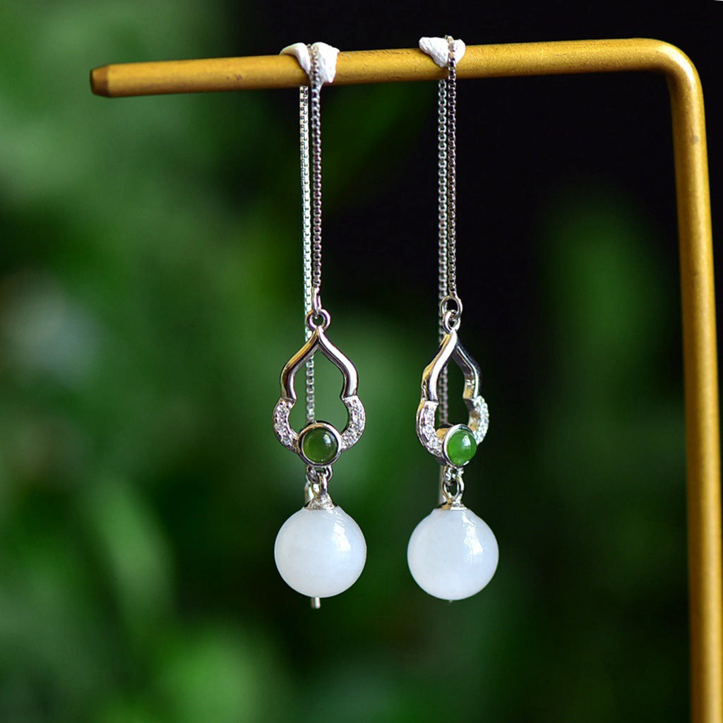 Gold Art Certified natural Hetian jade earrings, 925 silver, inlaid with emeralds and crystals, suitable for daily wear, gift giving and special occasions