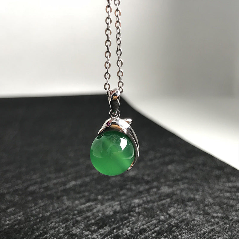 Gold Art Ocean Elf S925 Silver Green Chalcedony Dolphin Pendant Pink Diamond Suitable for Daily Wear/Dating/Gift Jewelry