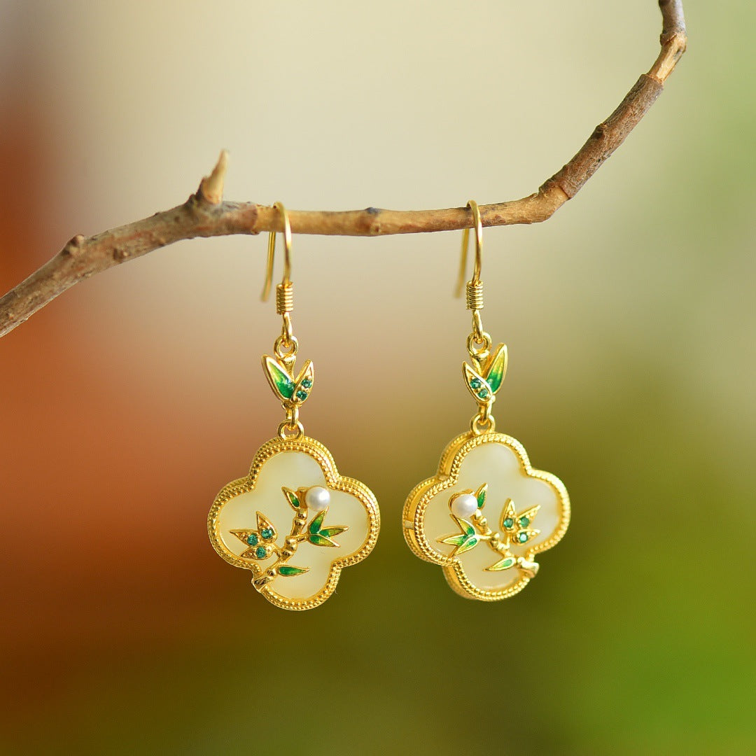 Gold Art Vintage Chinese style Hetian jade earrings - 925 silver gold plated, enamel bamboo, pearls and certified, suitable for daily and special occasions