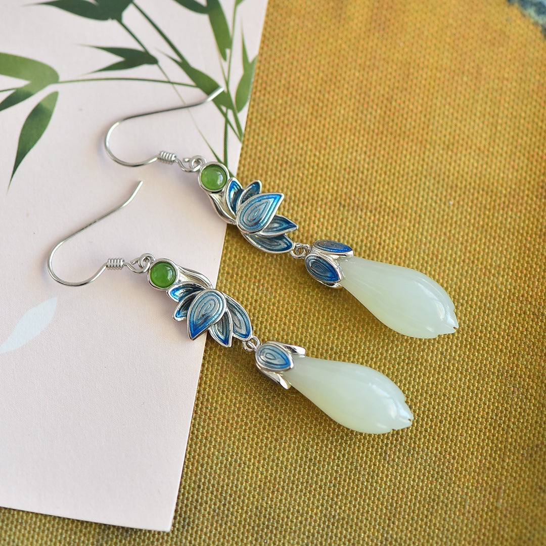 Gold Art  Blue Enamel Floral Sterling Silver Nephrite Jade Earrings – Perfect for Everyday Wear, Celebrations and Gifts