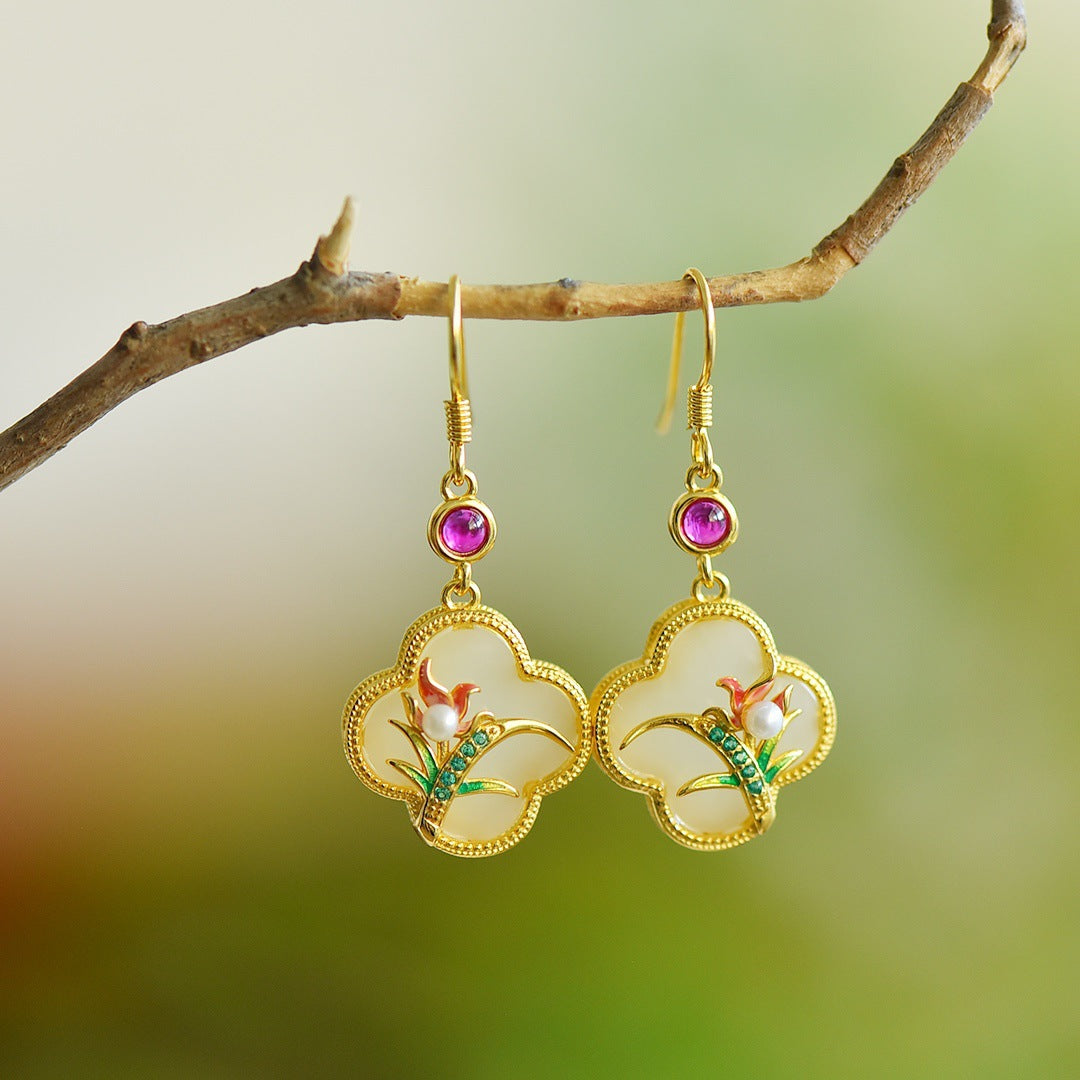 Gold Art Vintage Chinese style Hetian jade earrings - 925 silver gold plated, enamel bamboo, pearls and certified, suitable for daily and special occasions